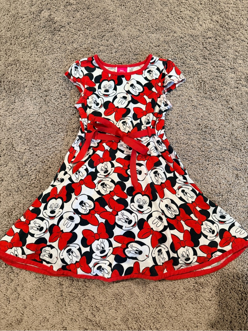 Disney Red and White Minnie Mouse Print Dress with Bow Tie Waist